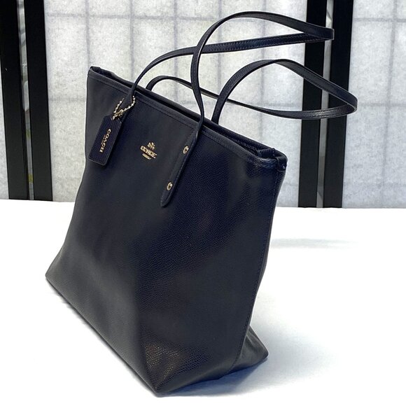 Coach City Zip Top Double Handle Tote Cross Grain Leather Handbag Navy F36875 - Picture 7 of 14